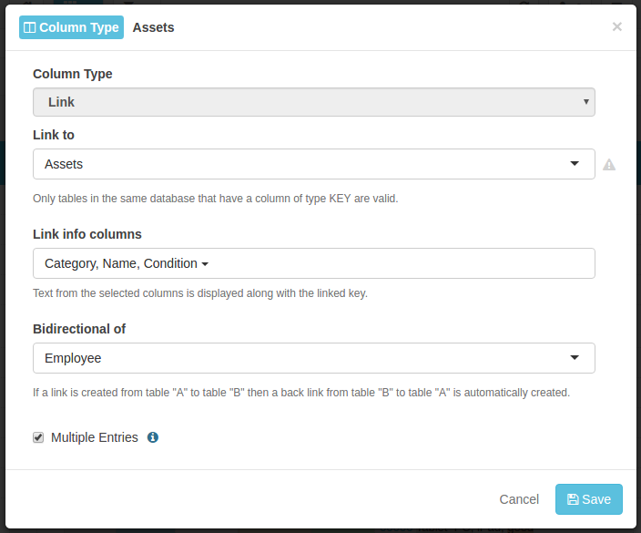 Configuration of Link Column Employee