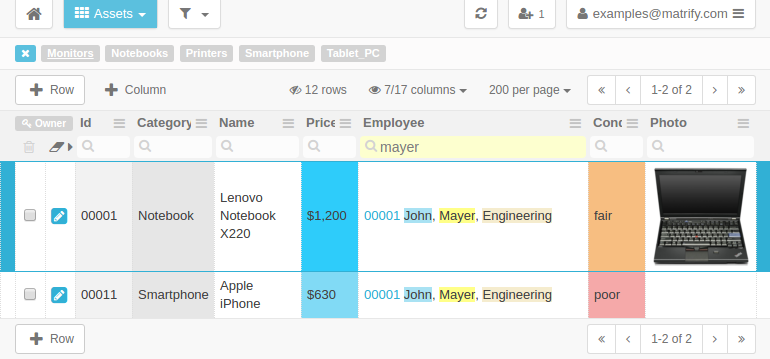 Example Table Assets with links to Table Employees