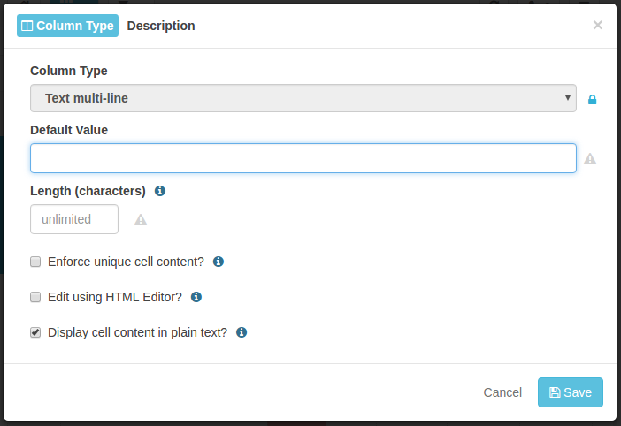 Column Type <i> Multi Line Text
						
						</i>