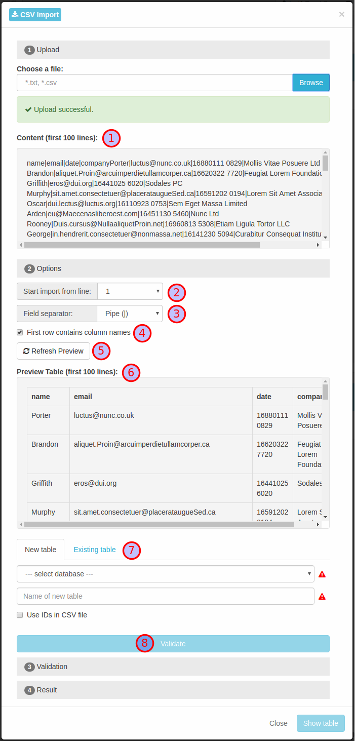 CSV Import dialog (file uploaded)