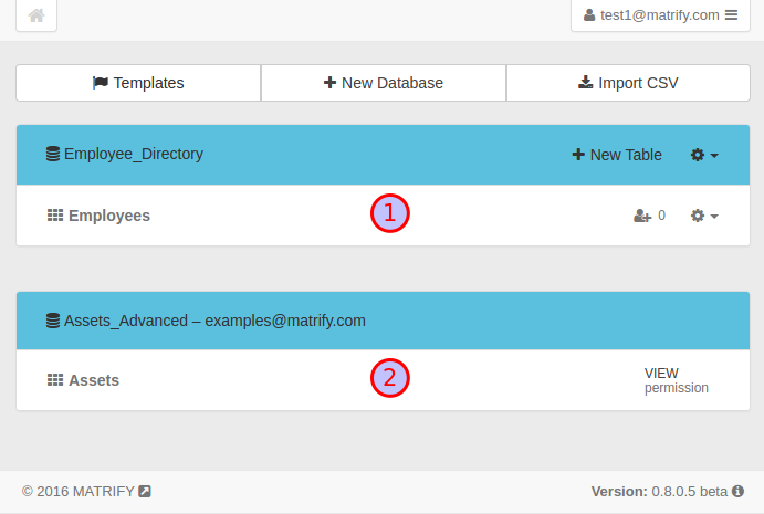 Dashboard displaying own databases and databases shared with you