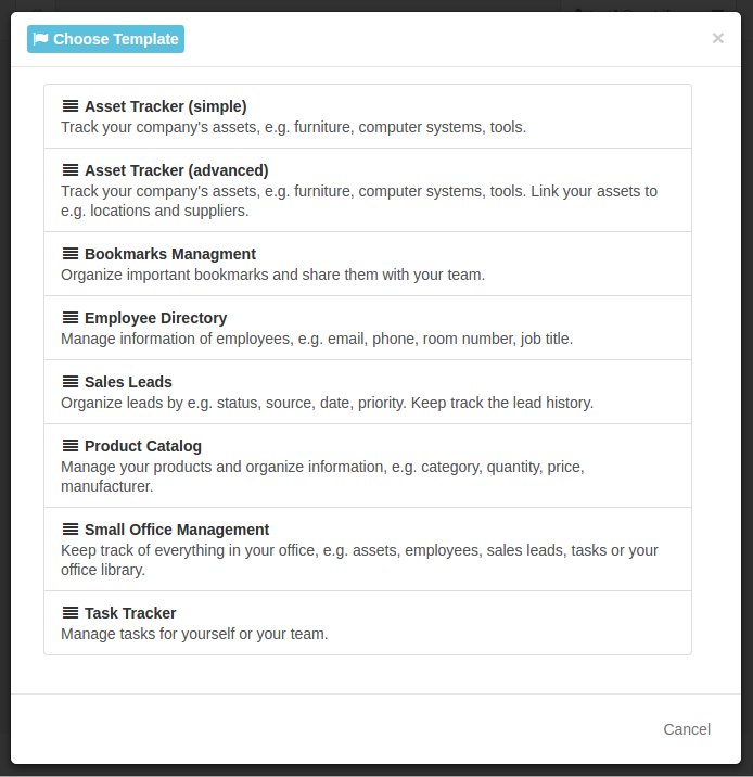 Dialog offering predefined templates