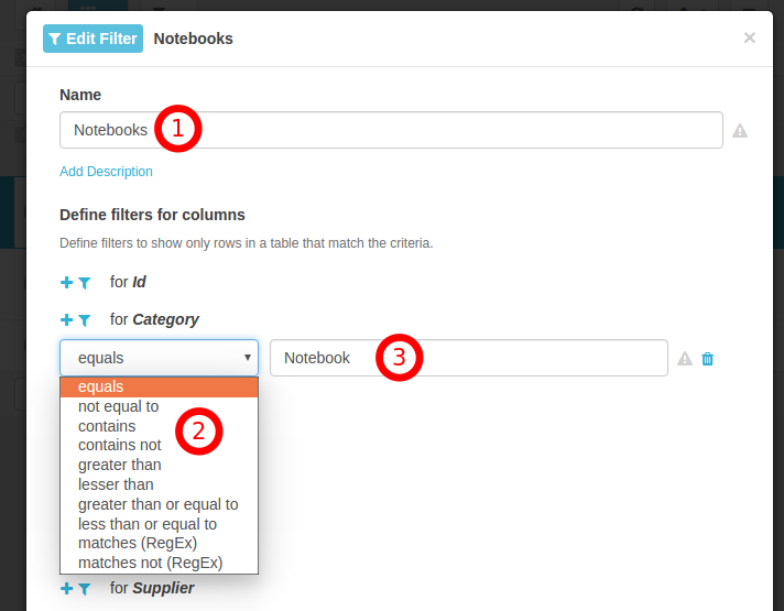 Filter configuration dialog