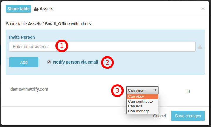 Table Sharing dialog